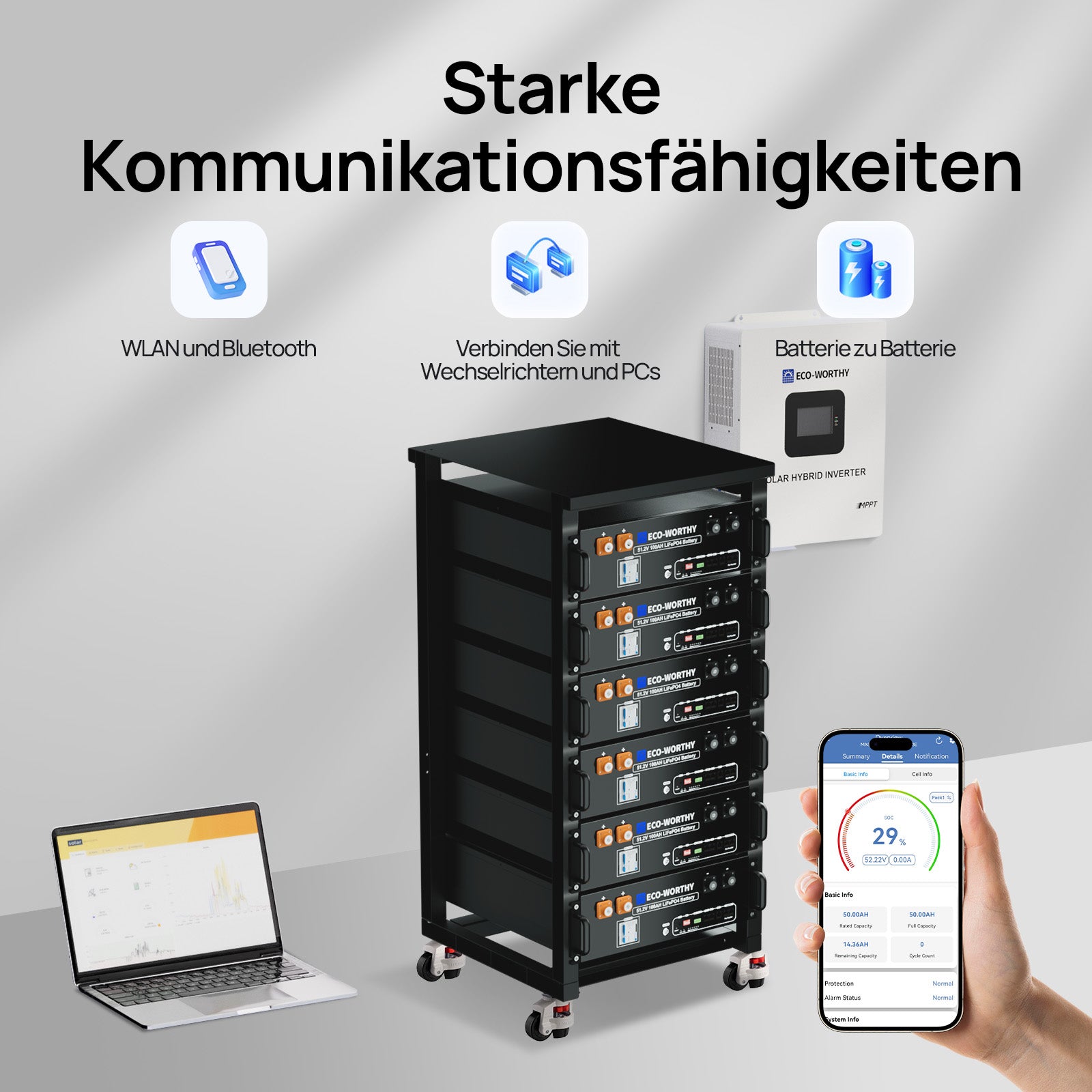 48V (51,2V) 100Ah Batterie mit WIFI und Bluetooth, kommuniziert mit den meisten Wechselrichtern, hat CAN- und RS485-Schnittstellen und hat Zellen der Klasse A