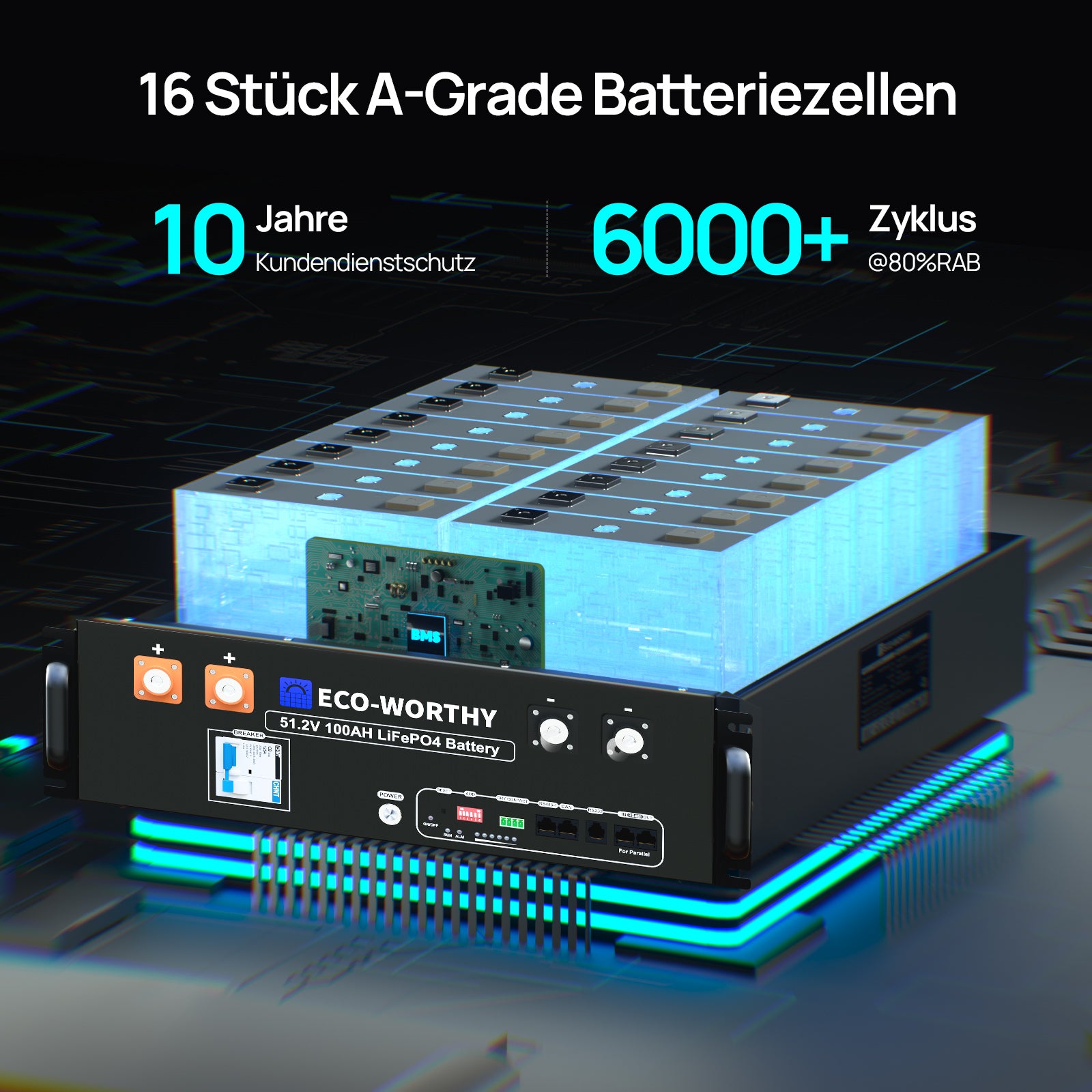 Die 48V 100AH ​​Lithiumbatterie wird mit einer 10-Jahres-Garantie geliefert und kann über 6000 Mal geladen und entladen werden. 