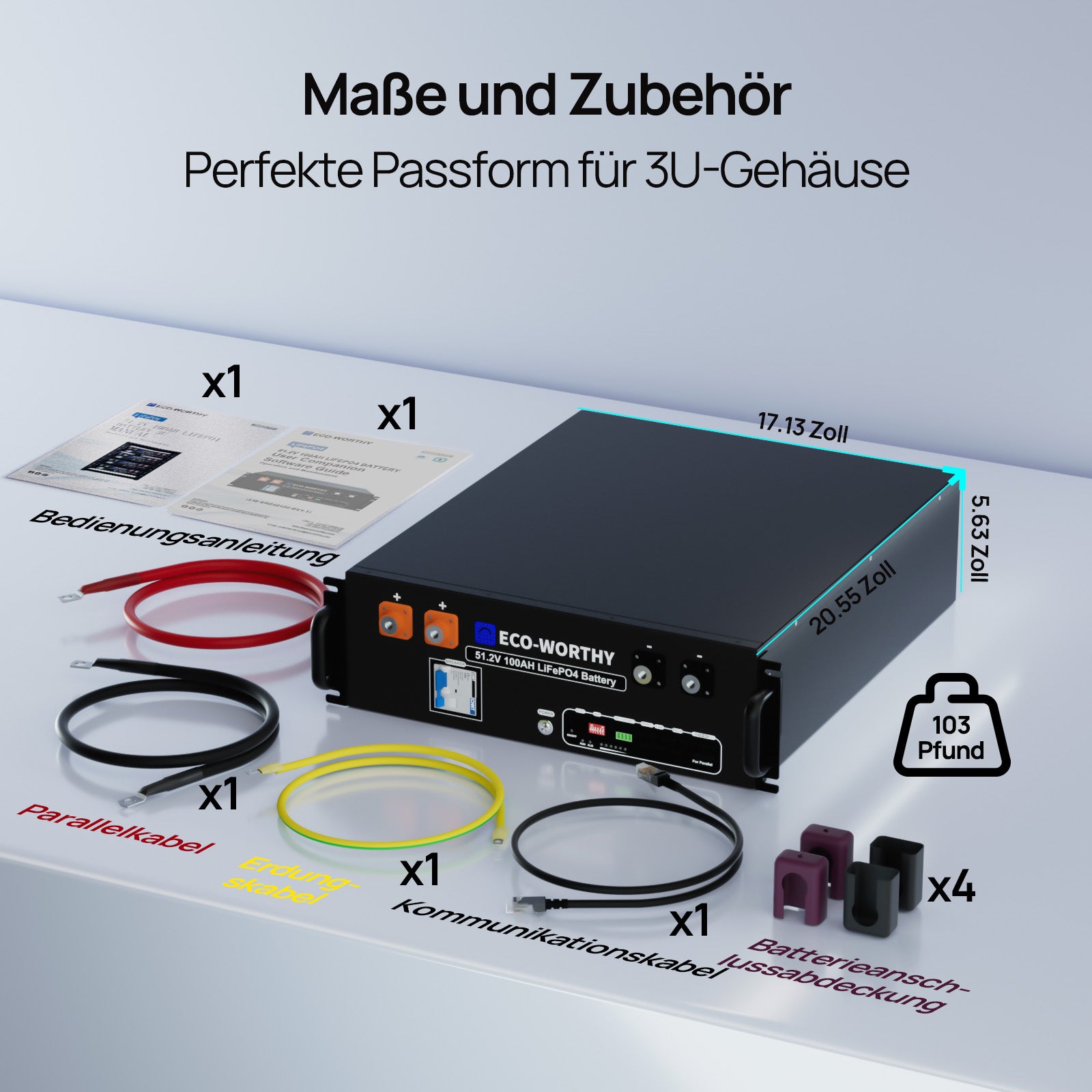 Die 48V 100Ah Server-Rack-Batterie wird mit einem kompletten Zubehörsatz geliefert, einschließlich Anleitung, Batterieanschlusskabeln, Kommunikationskabeln usw.