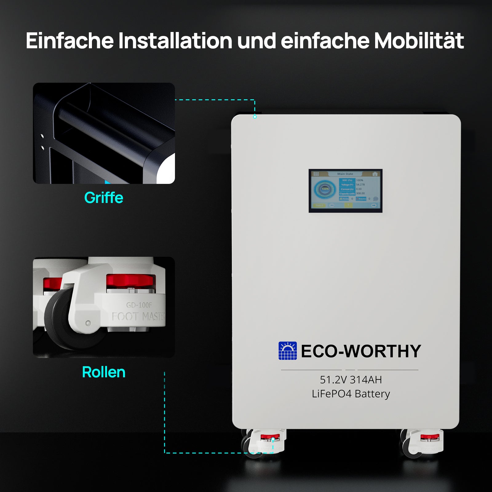 ECO-WORTHY 48V (51,2V) 314Ah LiFePO4-Batterie | Solarbatterie-Notstromversorgung für Zuhause