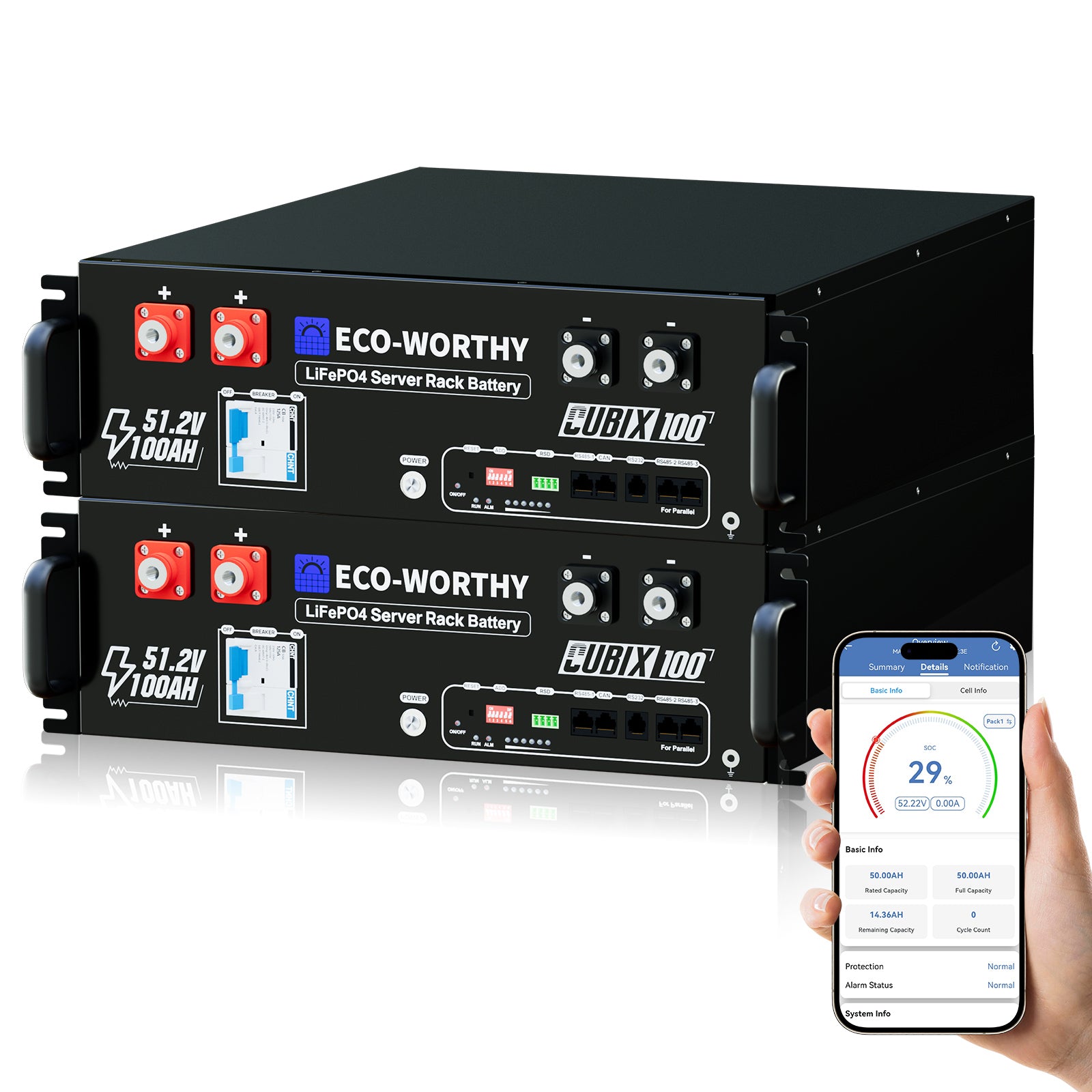 ECO-WORTHY Cubix 100 48V (51,2V) 100Ah Server-Rack-Batterie | IEC 61000 | Bluetooth und WLAN | 10 Jahre Garantie