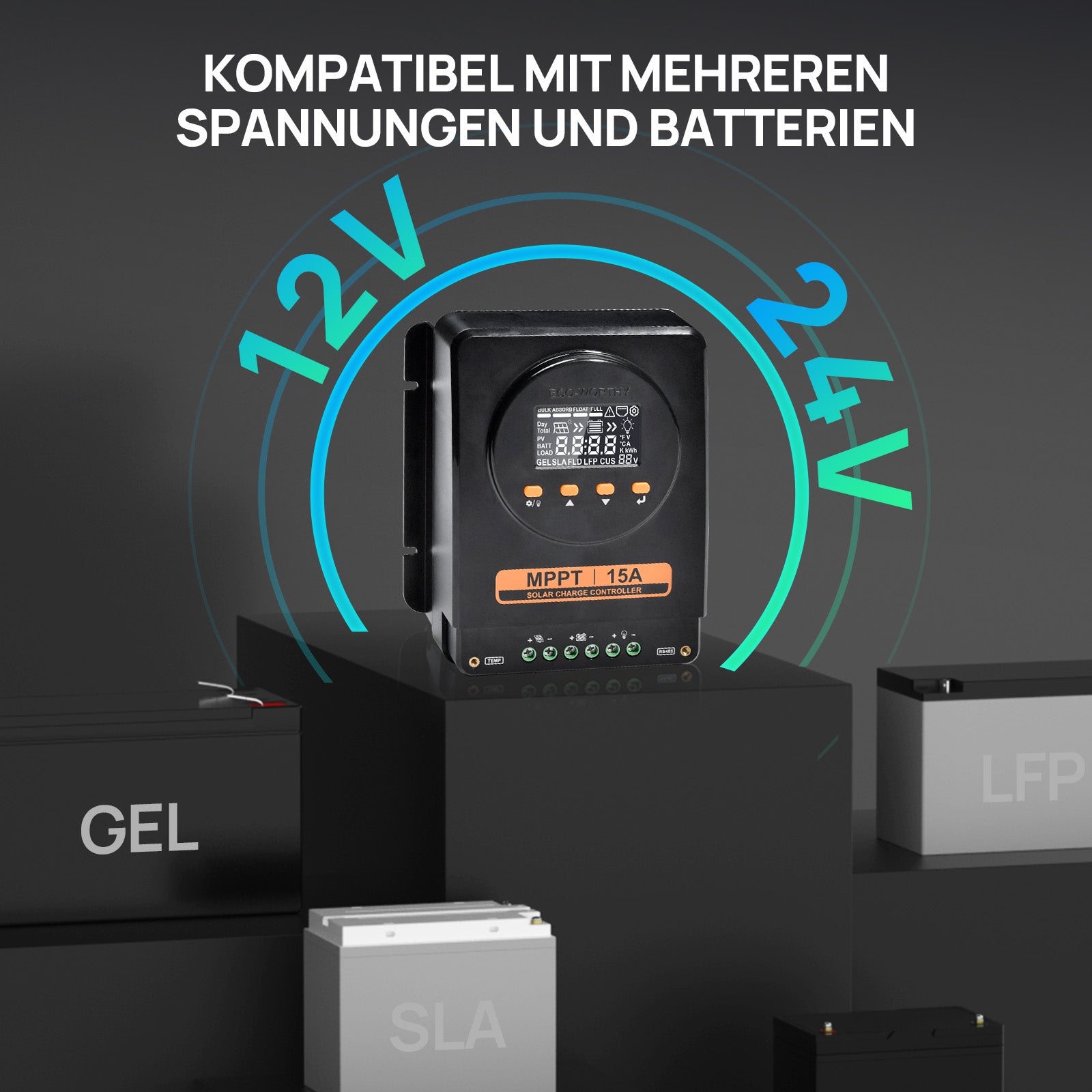 ECO-WORTHY MPPT Solarregler 15A 12V/24V mit LCD & Bluetooth RS485-4