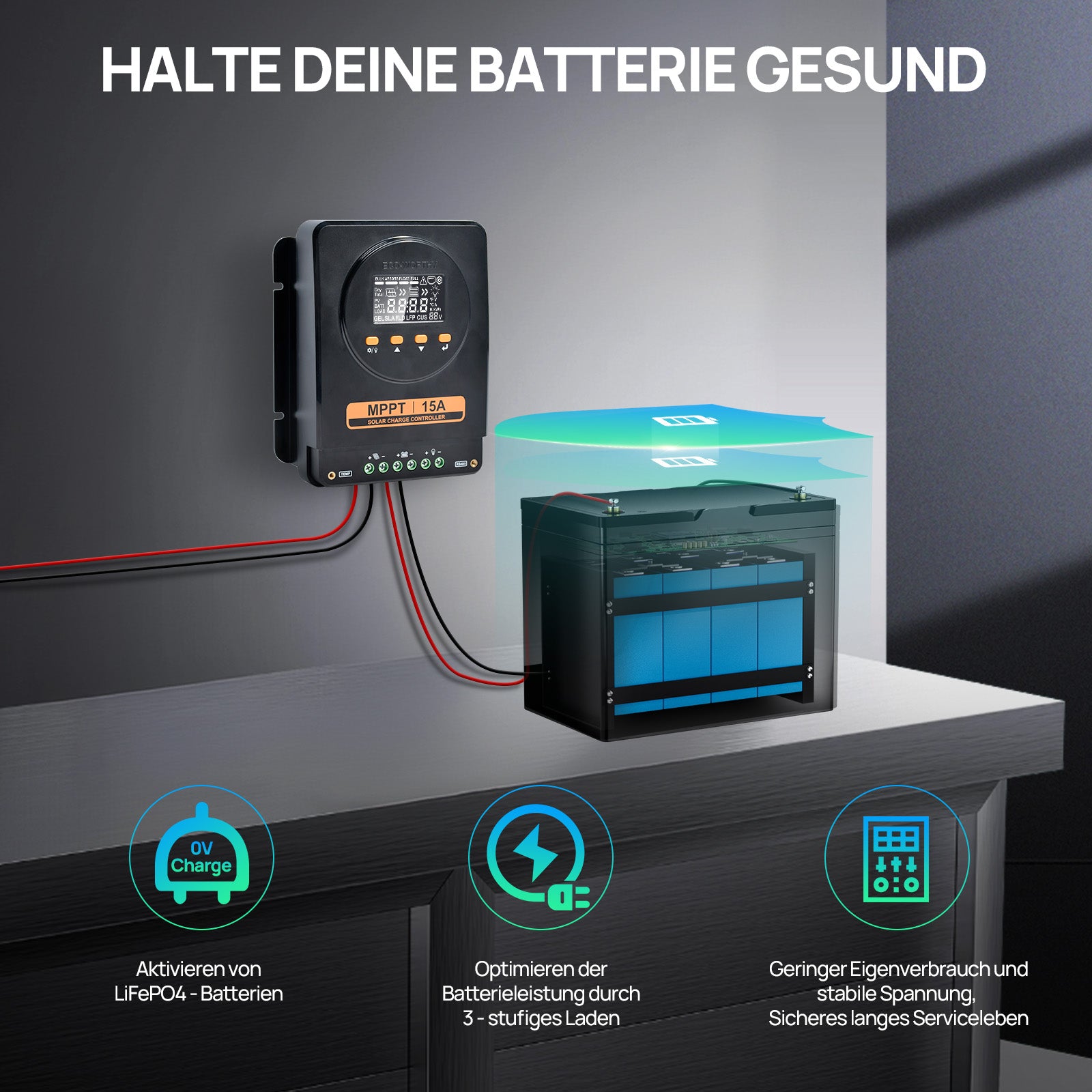 ECO-WORTHY MPPT Solarregler 15A 12V/24V mit LCD & Bluetooth RS485-6