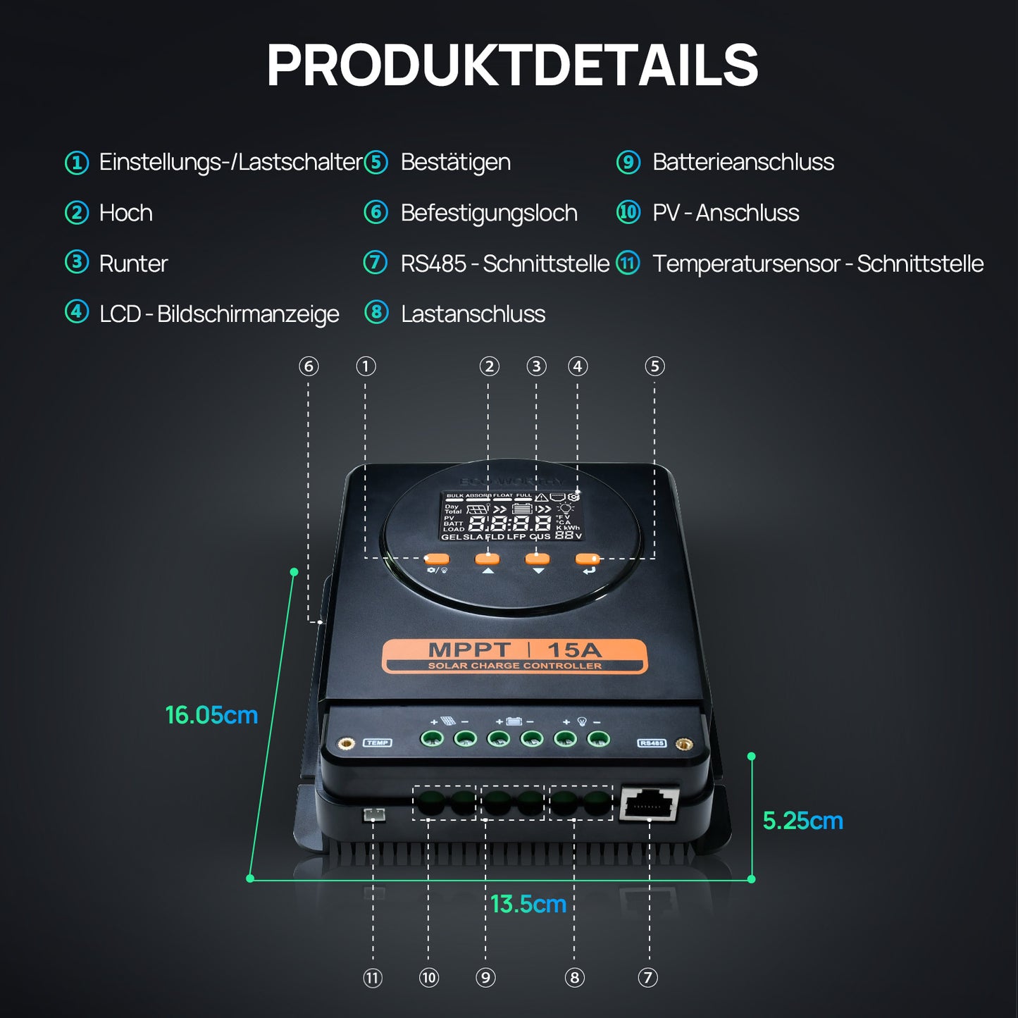 ECO-WORTHY MPPT Solarregler 15A 12V/24V mit LCD & Bluetooth RS485-8