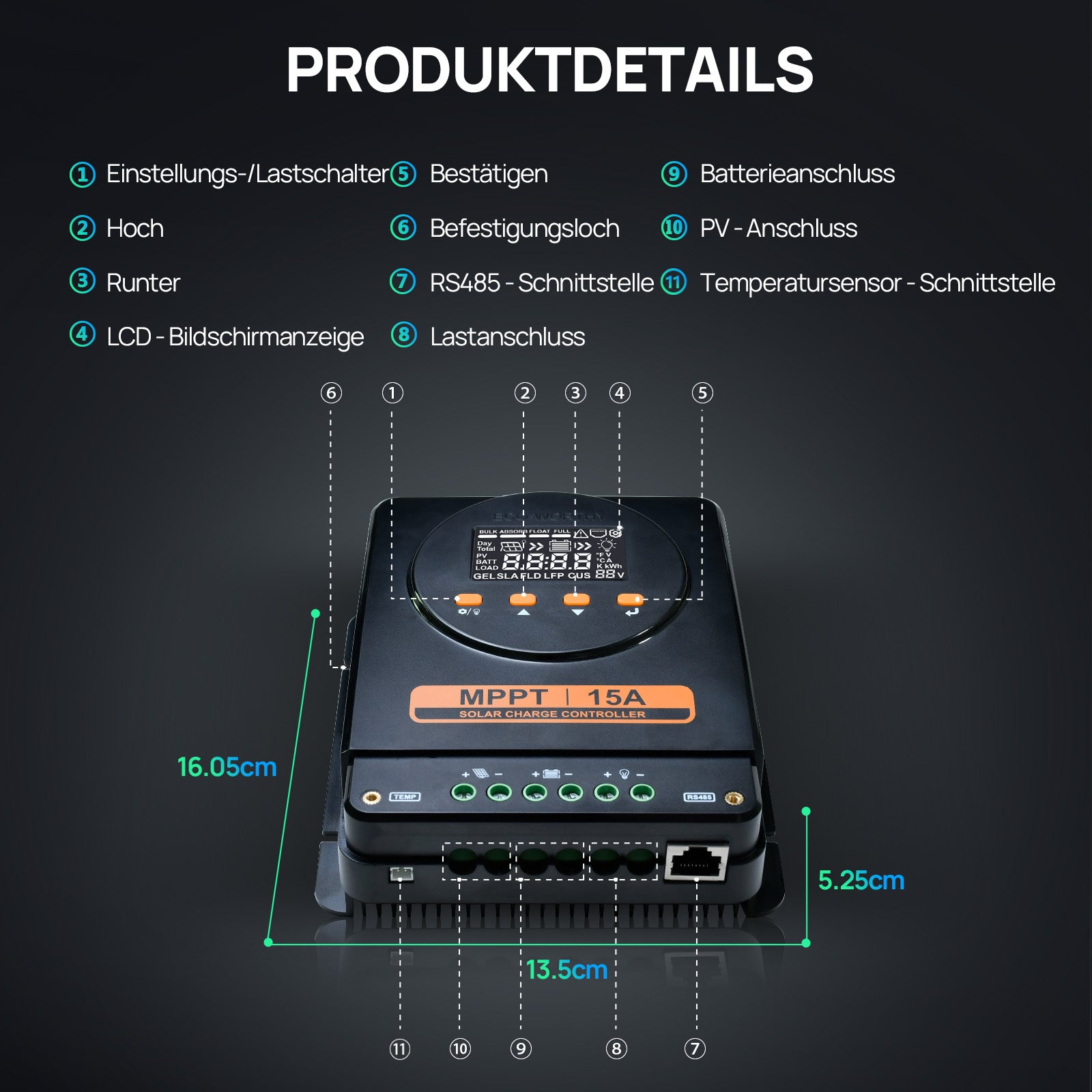 ECO-WORTHY MPPT Solarregler 15A 12V/24V mit LCD & Bluetooth RS485-8