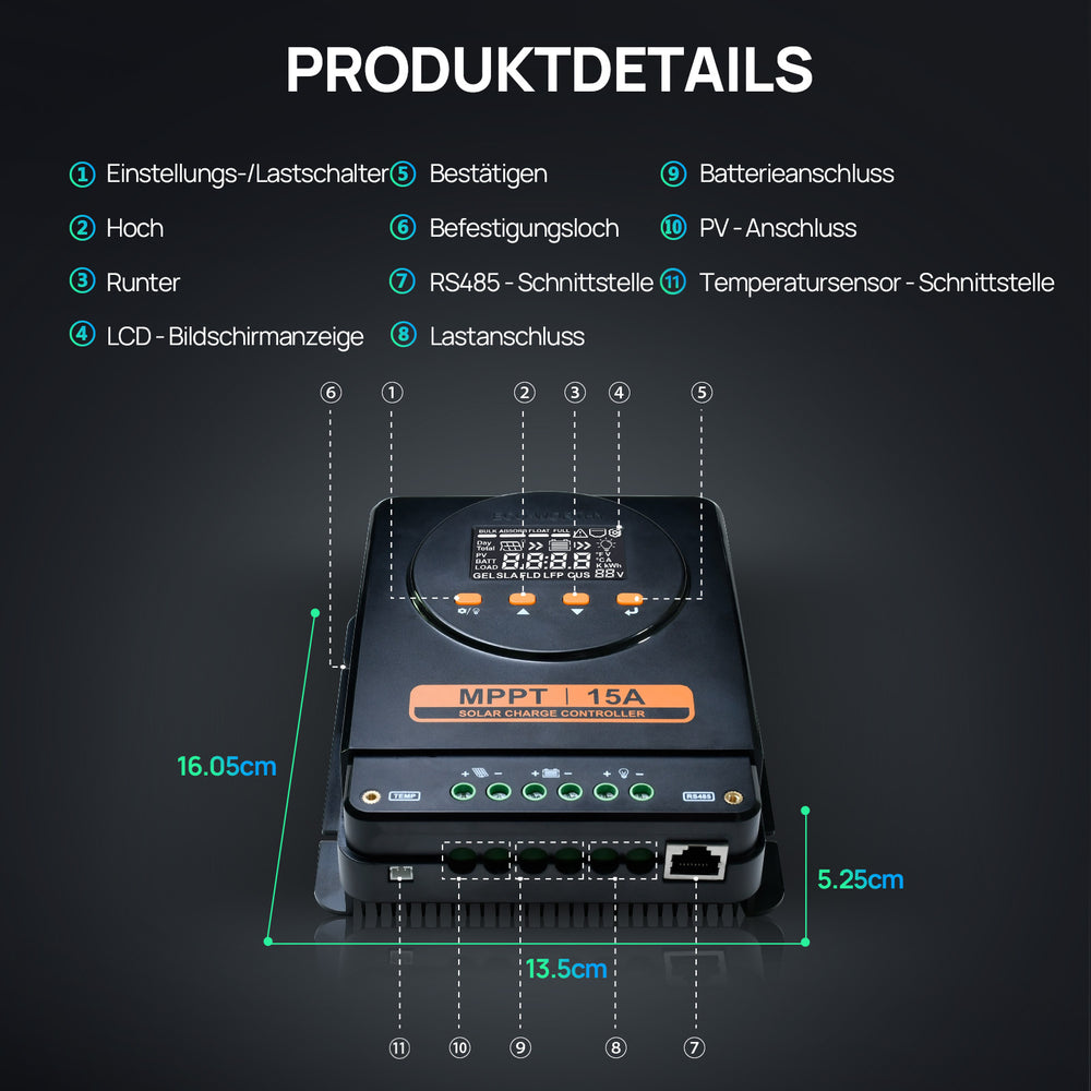 ECO-WORTHY MPPT Solarregler 15A 12V/24V mit LCD & Bluetooth RS485-8