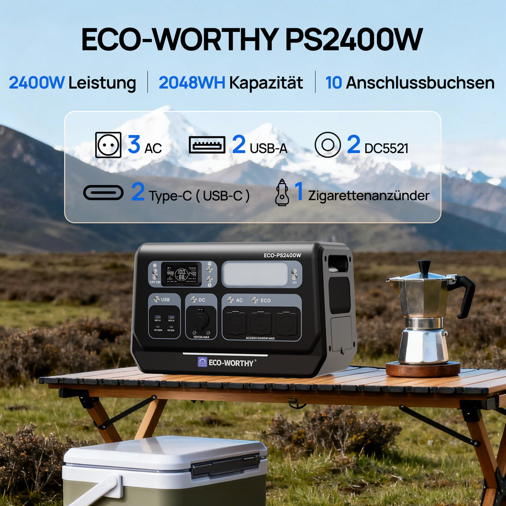 ECO-WORTHY Tragbare 2400W Powerstation: Grundlegende Informationen zu Kapazität, Leistung, Schnittstellen usw.
