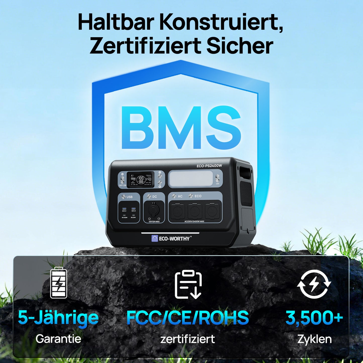 ECO-WORTHY Tragbare 2400W Powerstation: 5-Jahrige. Entspricht der FCCICE/RoHS-Zertifizierung.