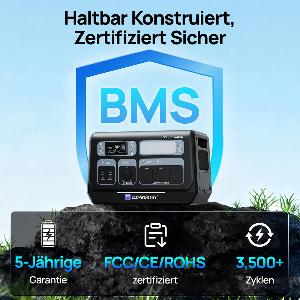 ECO-WORTHY Tragbare 2400W Powerstation: 5-Jahrige. Entspricht der FCCICE/RoHS-Zertifizierung.