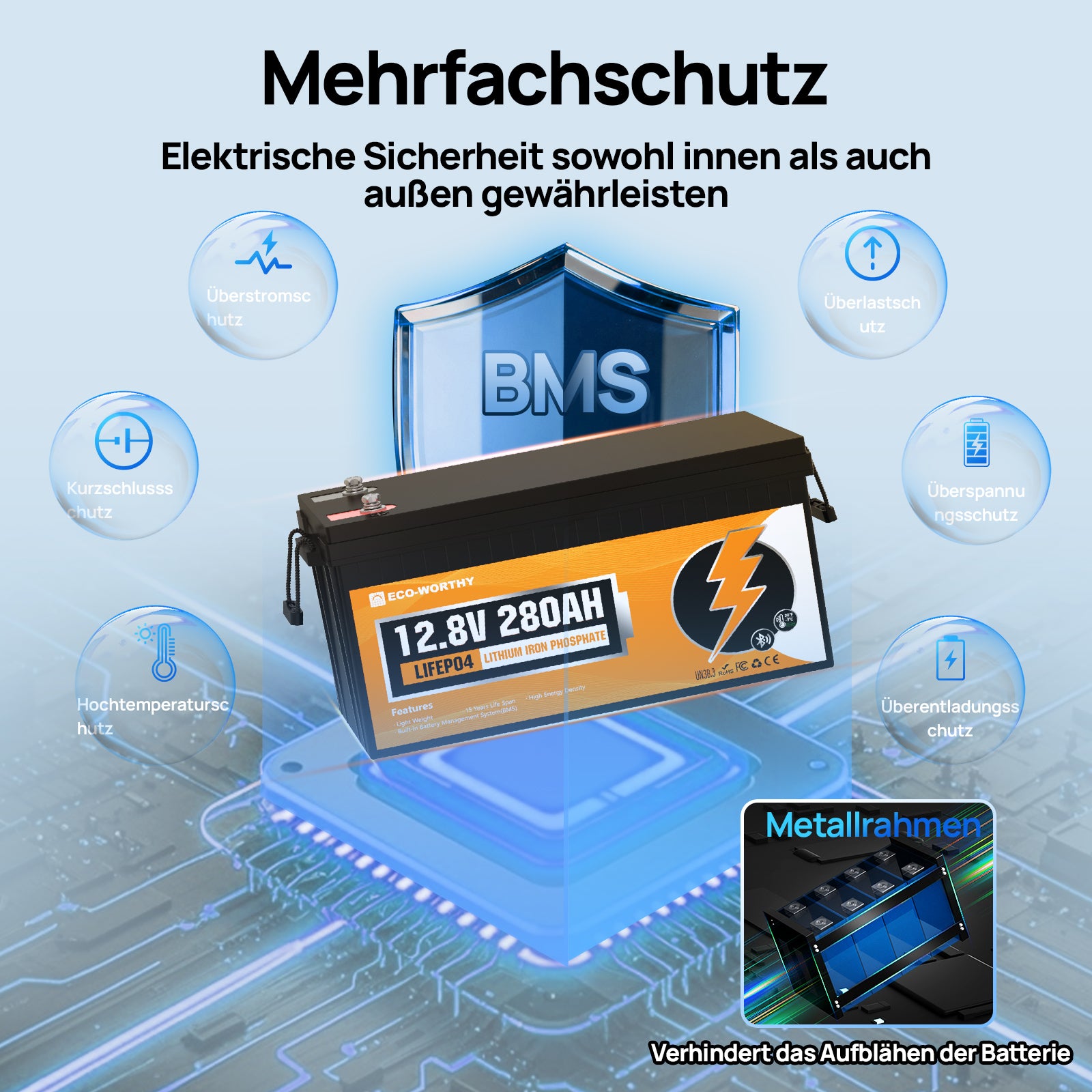 12V 280Ah LiFePO4-Akku mit Bluetooth und Untertemperaturschutz, es verfügt über ein eingebautes BMS und bietet Schutz vor Überladung und Überstrom.