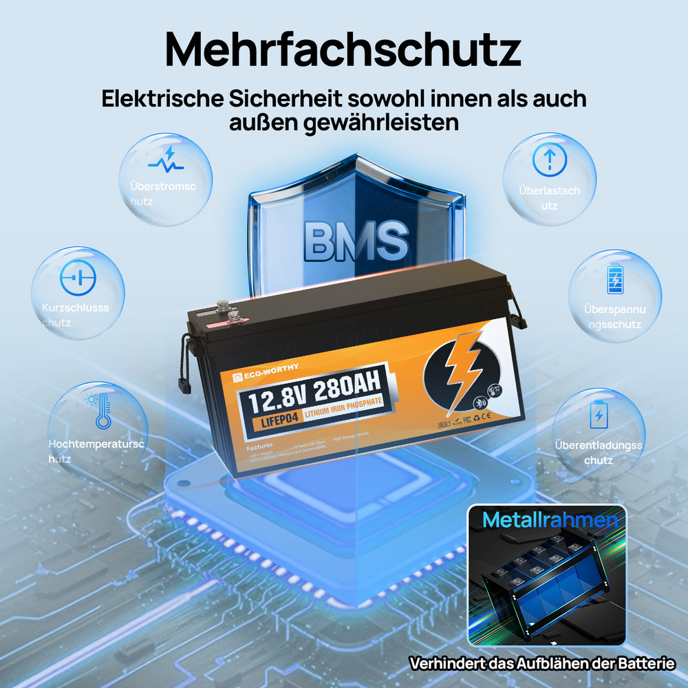 12V 280Ah LiFePO4-Akku mit Bluetooth und Untertemperaturschutz, es verfügt über ein eingebautes BMS und bietet Schutz vor Überladung und Überstrom.