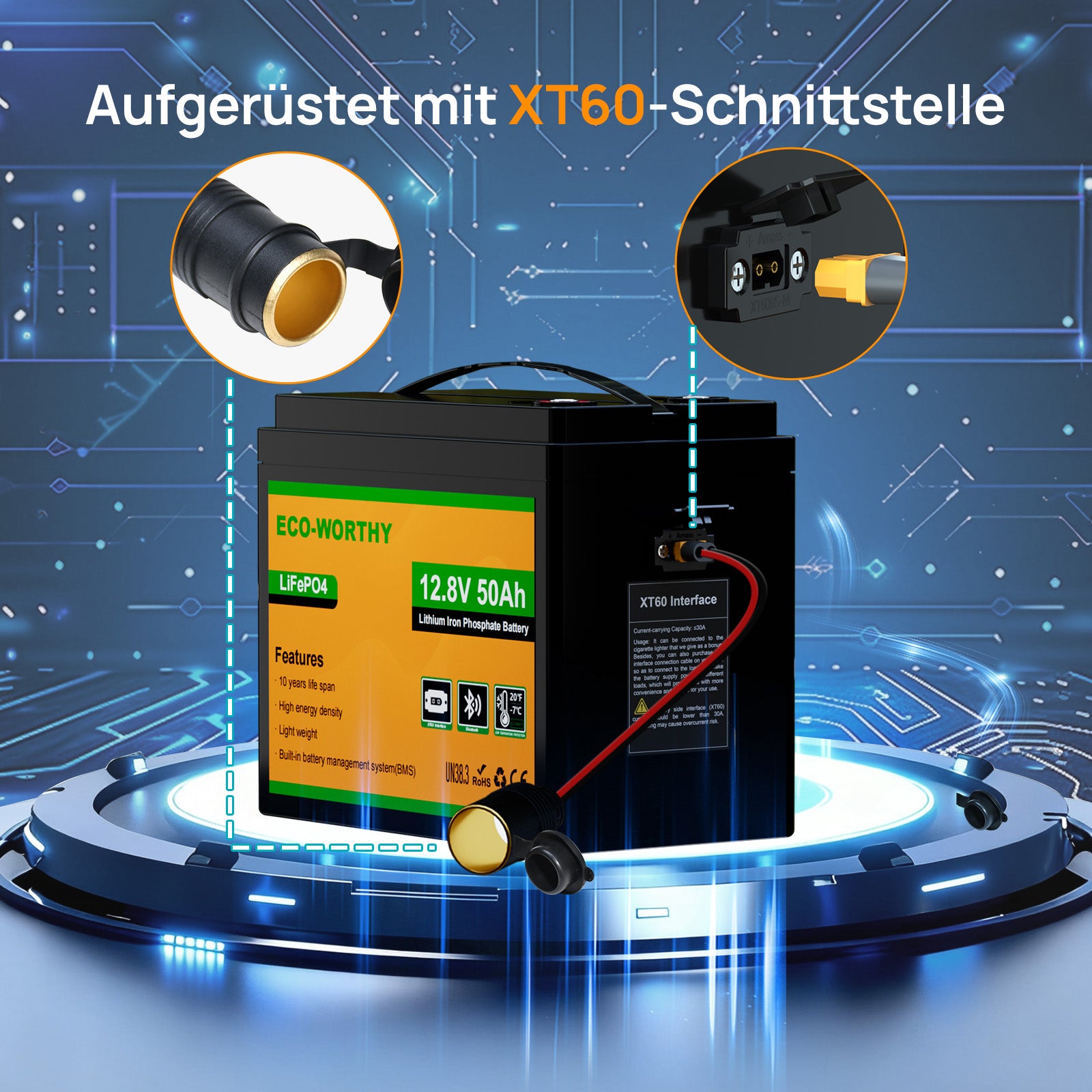 Eco-Worthy  12V 50Ah LiFePO4 XT60 Lithium Batterie mit Bluetooth und Untertemperaturschutz
