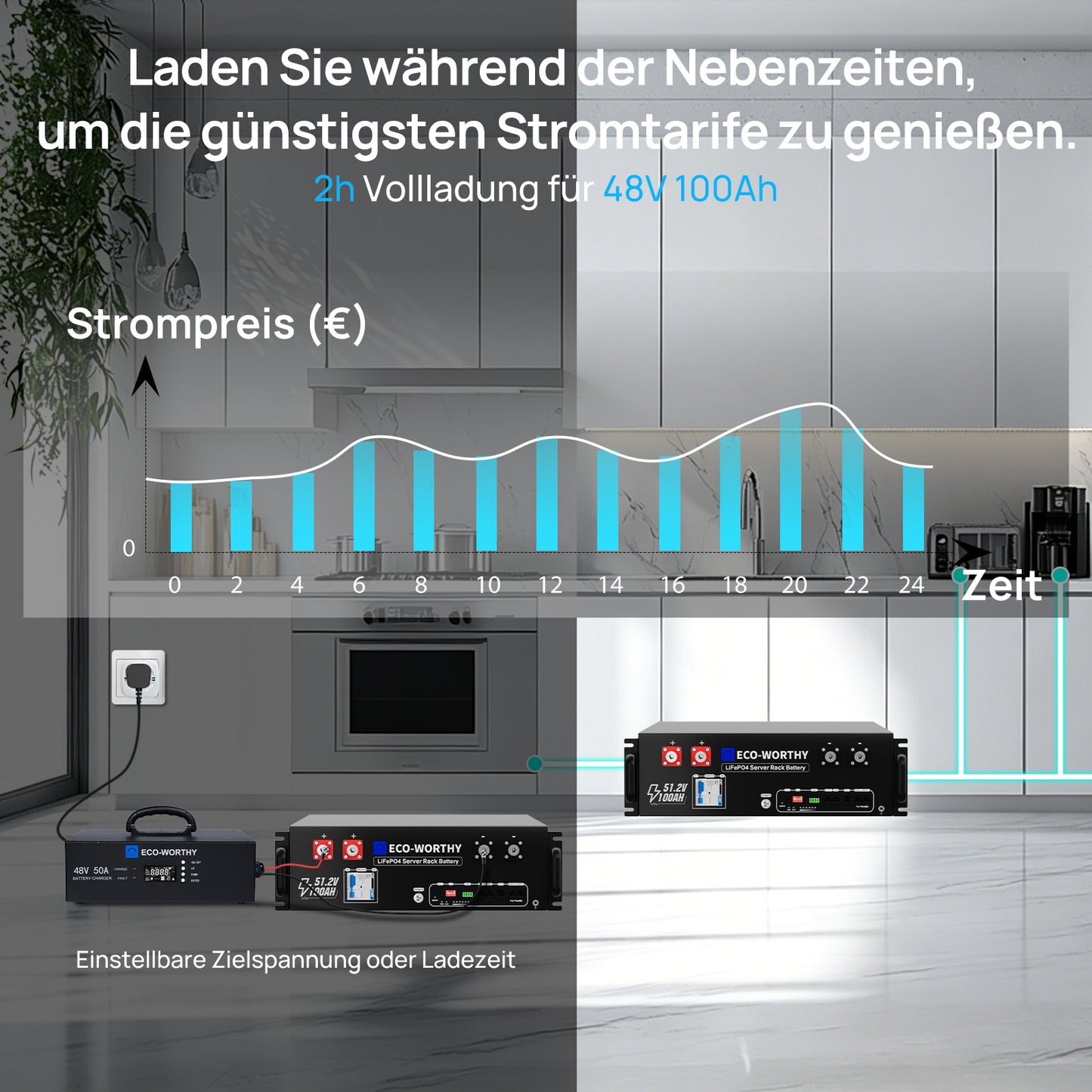 Eco-Worthy 48V 50A intelligentes Batterieladegerät—geeignet für Generatorladung—einstellbarer Strom 0-50A@230VAC