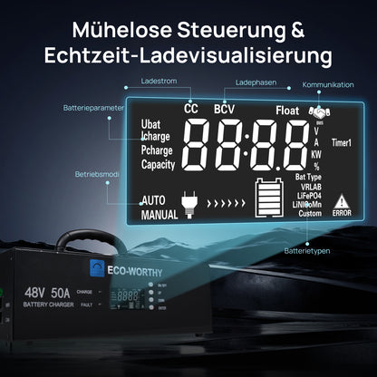 Eco-Worthy 48V 50A intelligentes Batterieladegerät—geeignet für Generatorladung—einstellbarer Strom 0-50A@230VAC