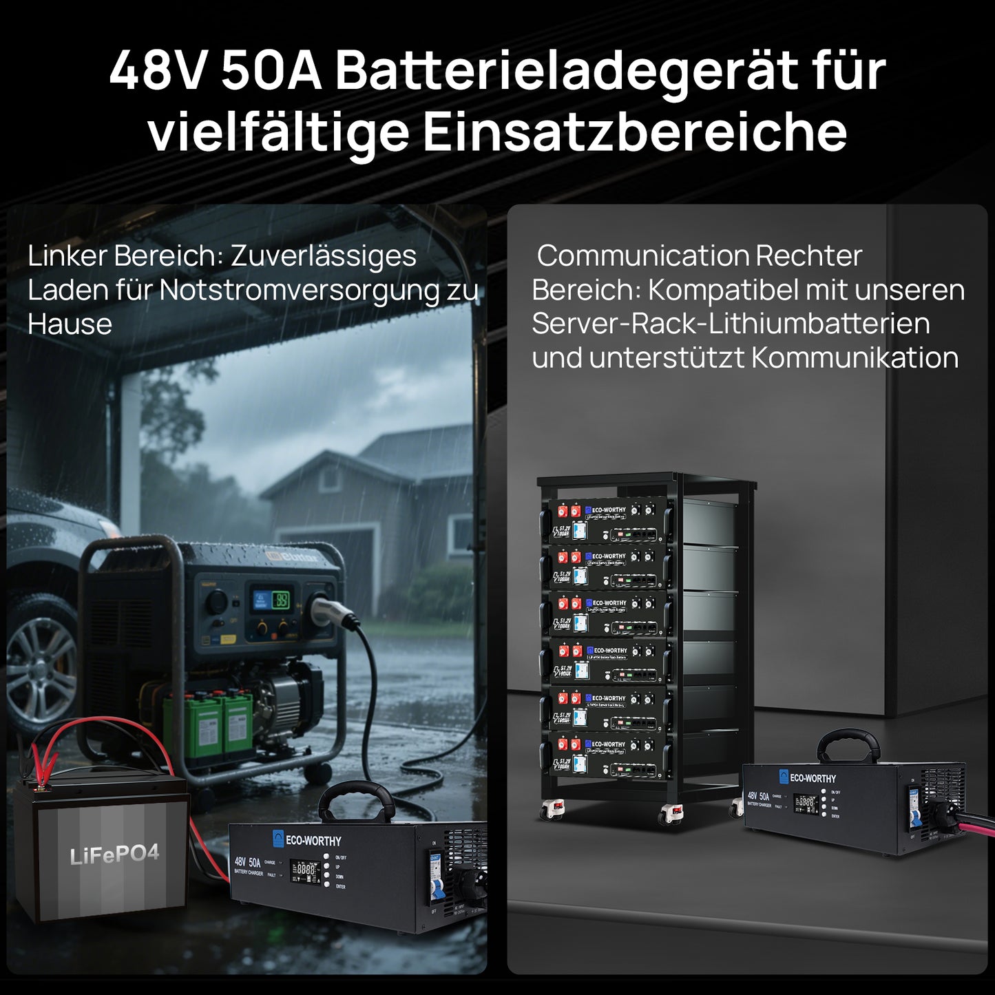 Eco-Worthy 48V 50A intelligentes Batterieladegerät—geeignet für Generatorladung—einstellbarer Strom 0-50A@230VAC