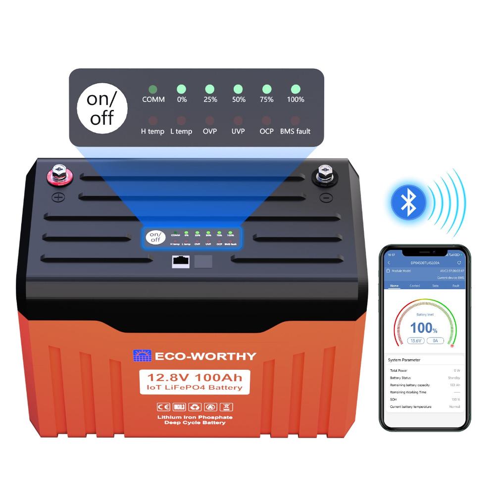 Eco-Worthy EnergyTrek-Serie 12V 100Ah LiFePO4 Lithium Batterie—Bluetooth und Untertemperaturschutz—LED-Statusleuchte