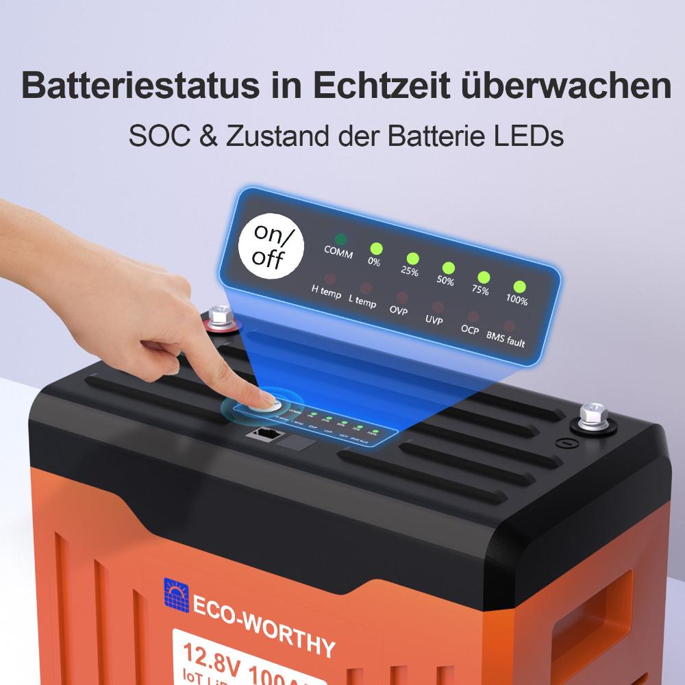 Eco-Worthy EnergyTrek-Serie 12V 100Ah LiFePO4 Lithium Batterie—Bluetooth und Untertemperaturschutz—LED-Statusleuchte