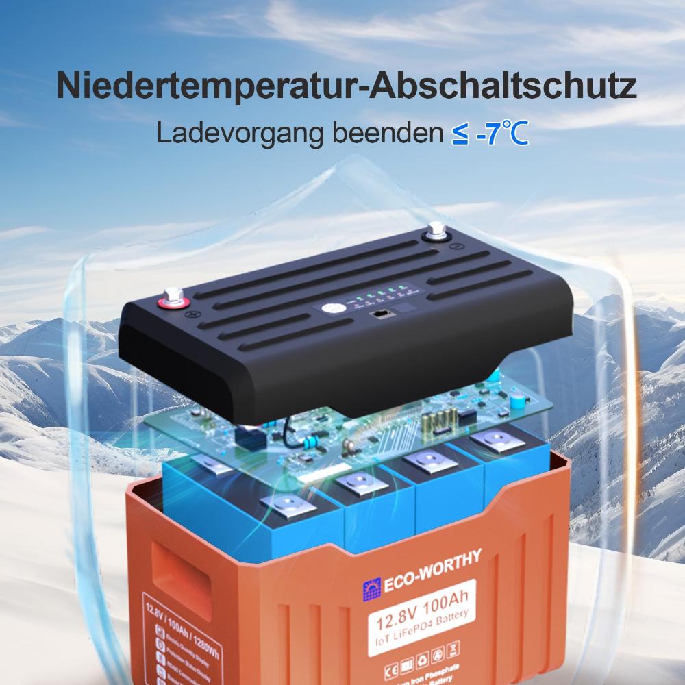 Eco-Worthy EnergyTrek-Serie 12V 100Ah LiFePO4 Lithium Batterie—Bluetooth und Untertemperaturschutz—LED-Statusleuchte