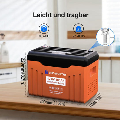 Eco-Worthy EnergyTrek-Serie 12V 100Ah LiFePO4 Lithium Batterie—Bluetooth und Untertemperaturschutz—LED-Statusleuchte