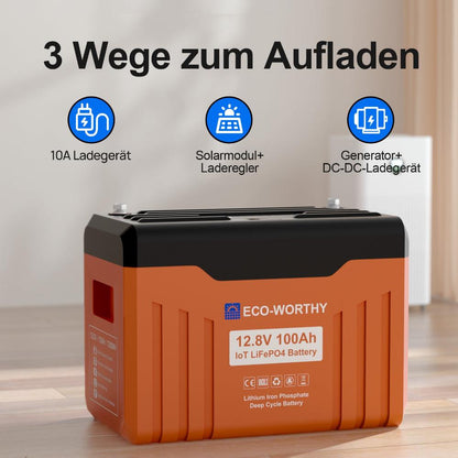 Eco-Worthy EnergyTrek-Serie 12V 100Ah LiFePO4 Lithium Batterie—Bluetooth und Untertemperaturschutz—LED-Statusleuchte