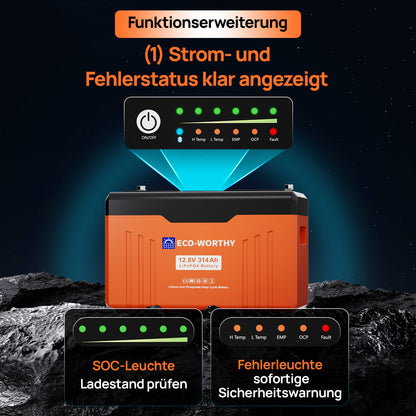 Eco-Worthy EnergyTrek-Serie 12V 314Ah LiFePO4 Lithium Batterie—Bluetooth und Untertemperaturschutz