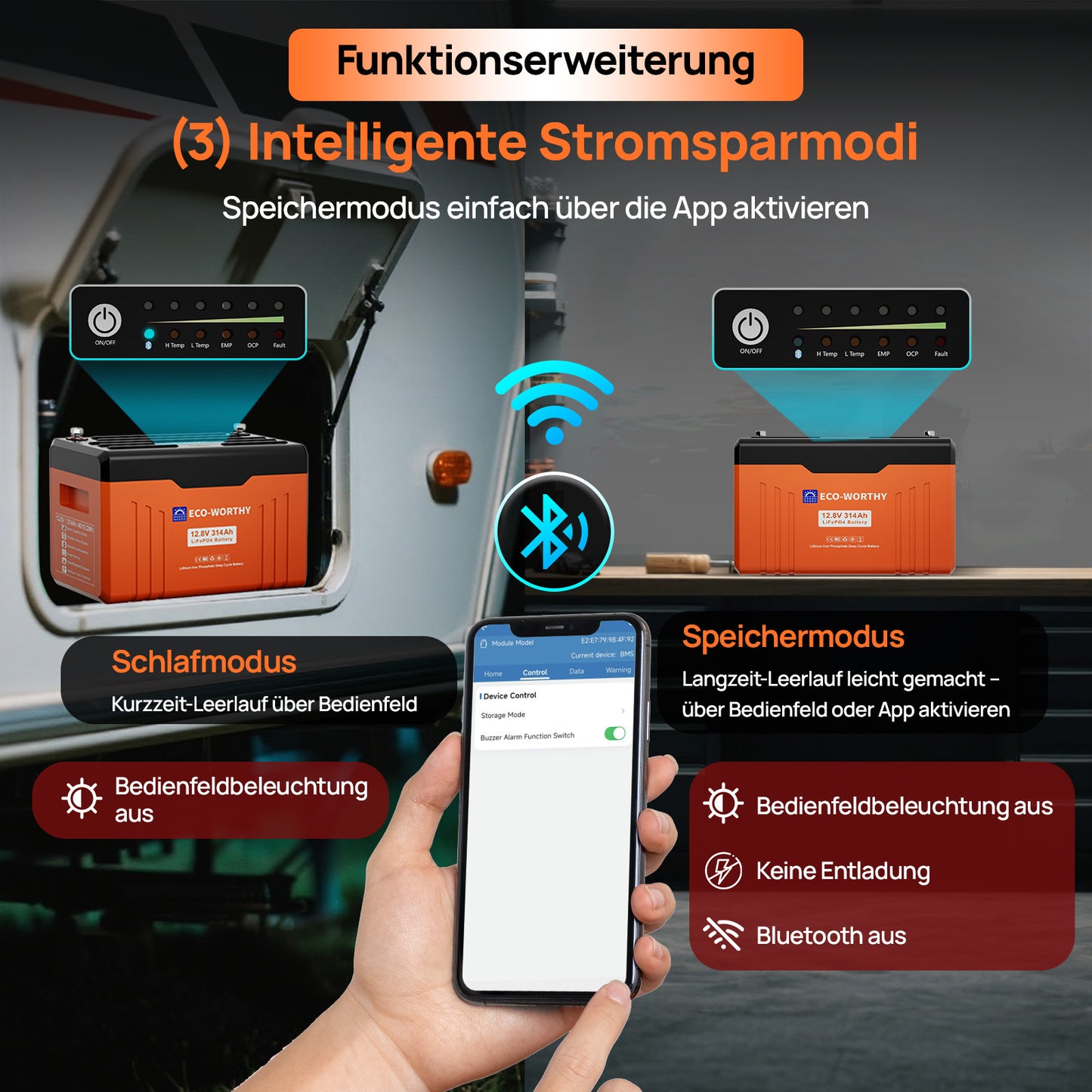 Eco-Worthy EnergyTrek-Serie 12V 314Ah LiFePO4 Lithium Batterie—Bluetooth und Untertemperaturschutz—LED-Statusleuchte