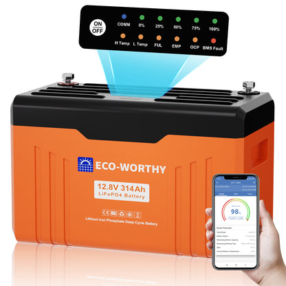 Eco-Worthy 12V 314Ah LiFePO4 Lithium Batterie—Bluetooth und Untertemperaturschutz—LED-Statusleuchte