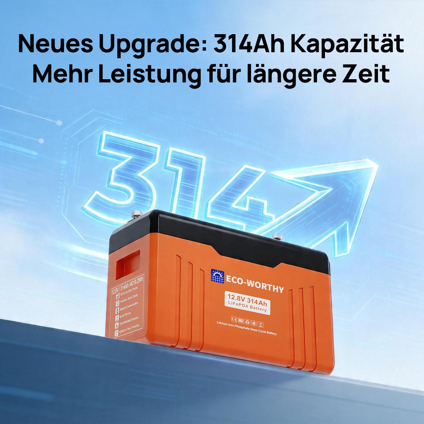 Eco-Worthy 12V 314Ah LiFePO4 Lithium Batterie—Bluetooth und Untertemperaturschutz—LED-Statusleuchte