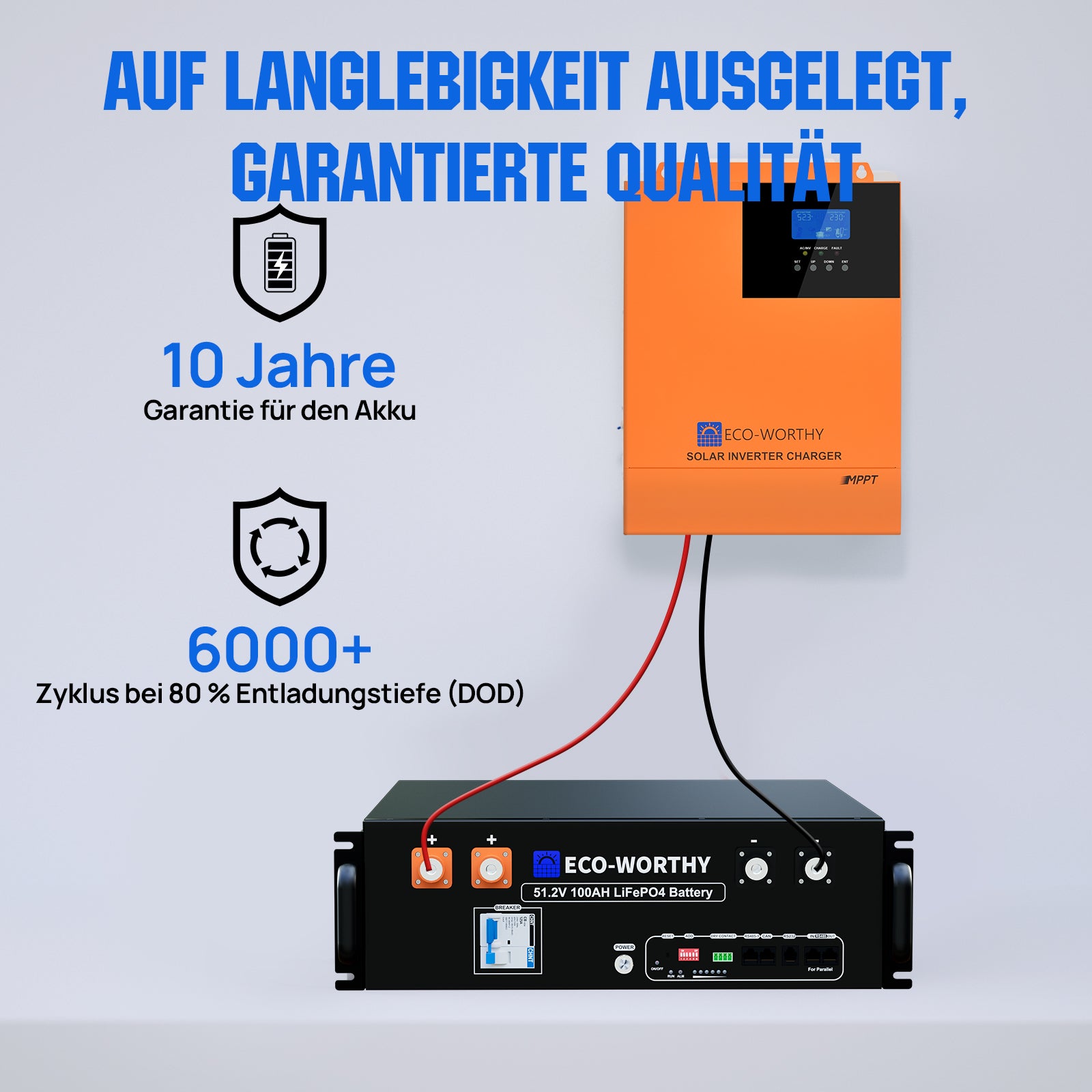 Die 48V 100AH ​​Lithiumbatterie wird mit einer 10-Jahres-Garantie geliefert und kann über 6000 Mal geladen und entladen werden.