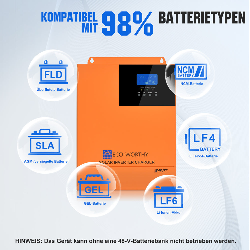 Der 48V 5KW Wechselrichter ist mit verschiedenen Batterietypen kompatibel.