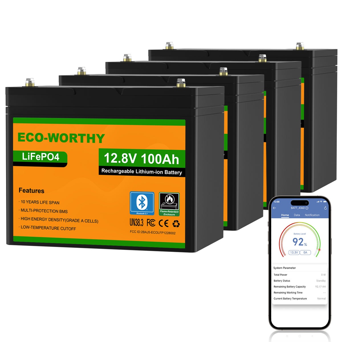 ECO-WORTHY 12V 100Ah LiFePO4 Lithium batterie mit Bluetooth und Untertemperaturschutz