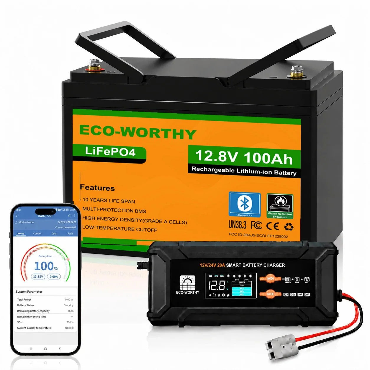 ECO-WORTHY 12V 100Ah LiFePO4 Lithium batterie mit Bluetooth und Untertemperaturschutz