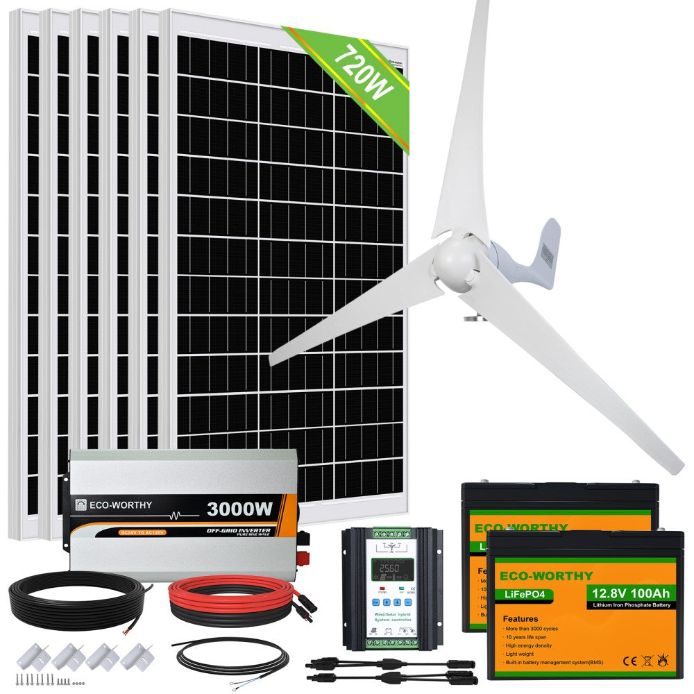 Hybrid Wind Solaranlage 1120Wp 24V (Wind 400Wp+PV 6x120Wp) mit 2
