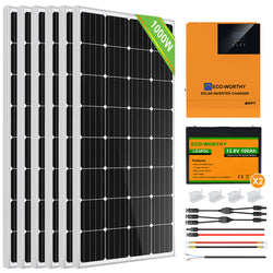 Eco-Worthy 1000Wp 24V (6x170Wp) Komplettset MPPT Solaranlage mit 2,4kWh Lithium Speicher+3kW Wechselrichter