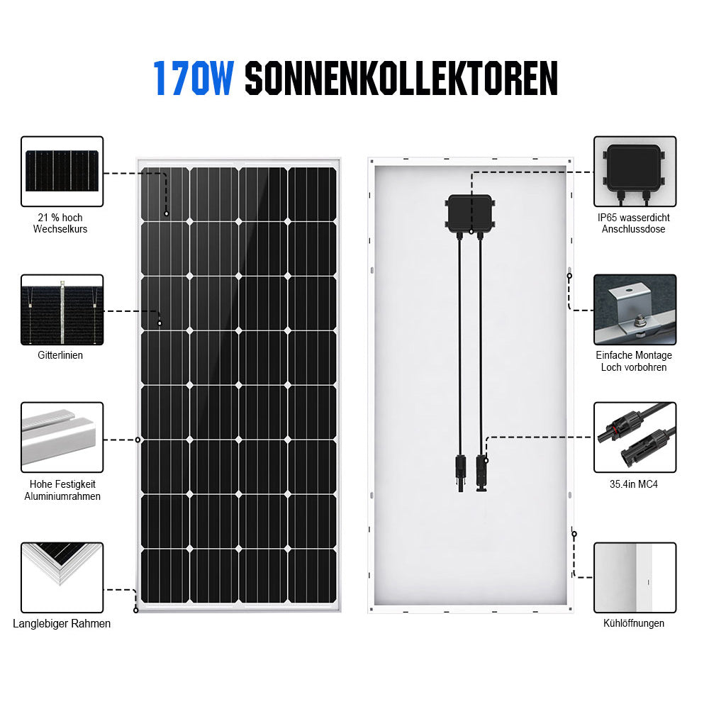 Eco-Worthy 1000Wp 24V (6x170Wp) Komplettset MPPT Solaranlage mit 2,4kWh Lithium Speicher+3kW Wechselrichter