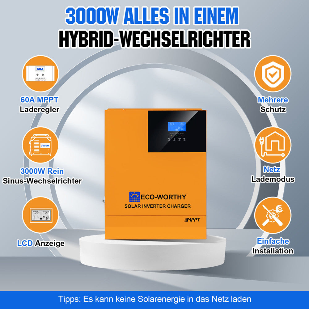 Eco-Worthy 1000Wp 24V (6x170Wp) Komplettset MPPT Solaranlage mit 2,4kWh Lithium Speicher+3kW Wechselrichter