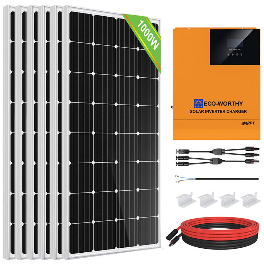 1000Wp 24V (6x170Wp) Komplettset MPPT Solaranlage mit 2,4kWh Lithium Speicher+3kW Wechselrichter | ECO-WORTHY