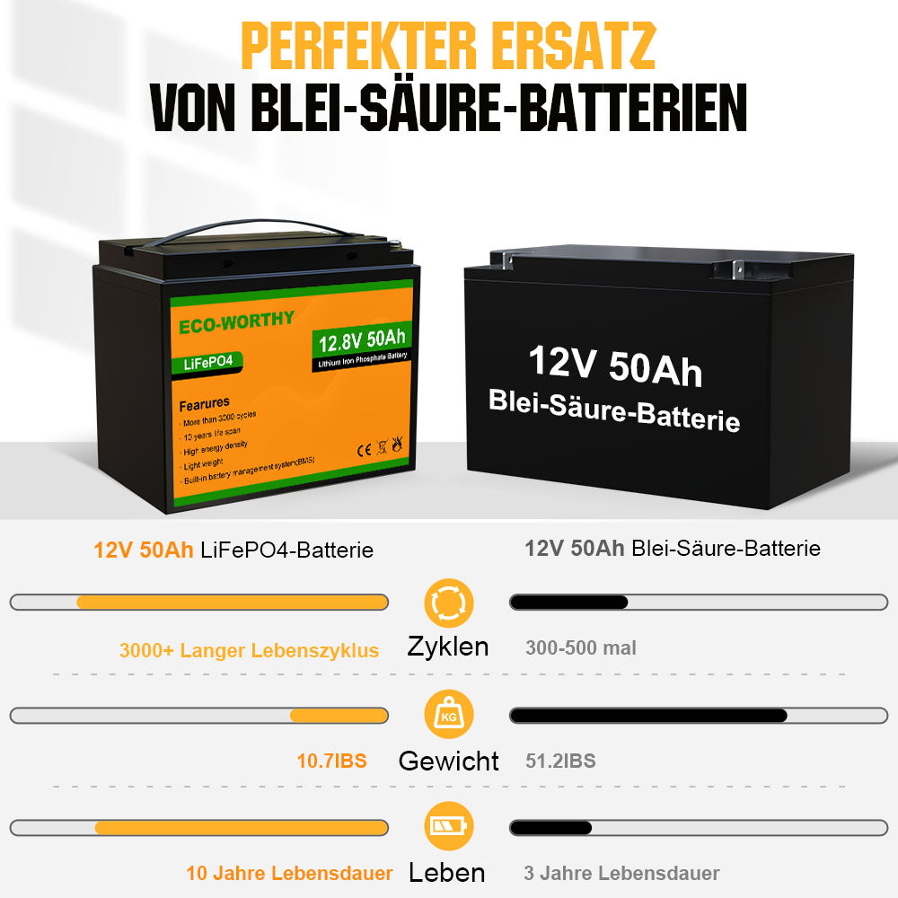 NEUWERTIG] ECO-WORTHY LiFePO4 Lithium batterie 12V 50Ah Solarbatterie Akku  mit über 3000+ Mal Tiefzyklen