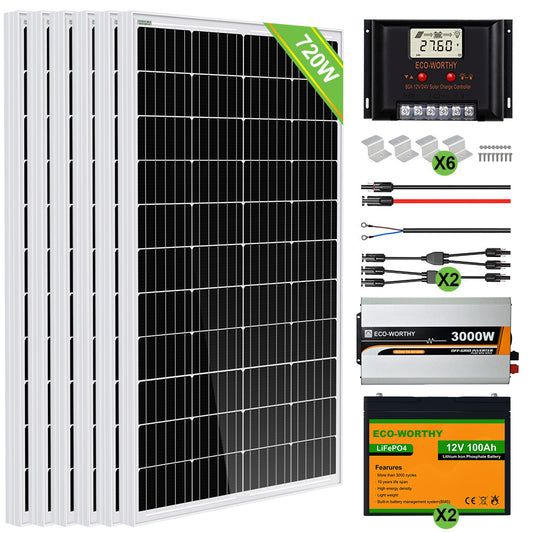 720Wp 24V (6x120Wp) Komplettset Solaranlage mit 2,4kWh Lithium Speicher+3kW Wechselrichter